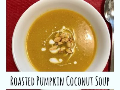 Roasted Pumpkin Coconut Soup topped with Toasted Pumpkin&nbsp;Seeds